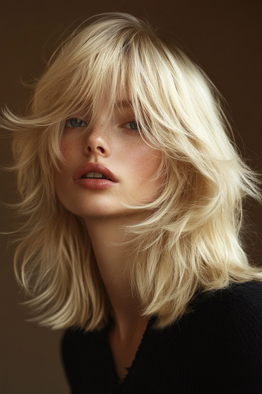 Modern style. Women's blonde choppy layers with curtain bangs.