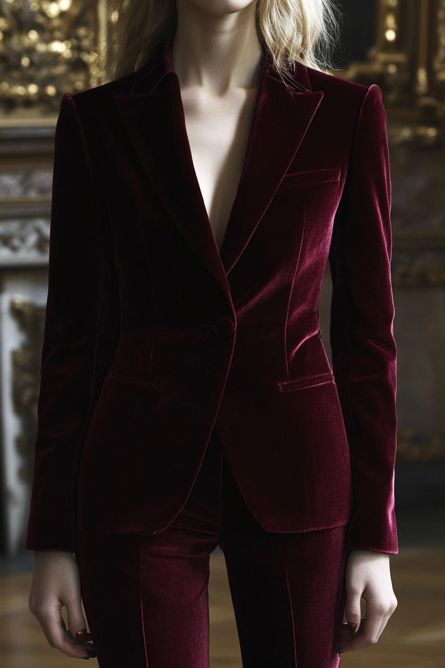 Classic women's style. Burgundy velvet blazer with matching modern, cigarette trousers.