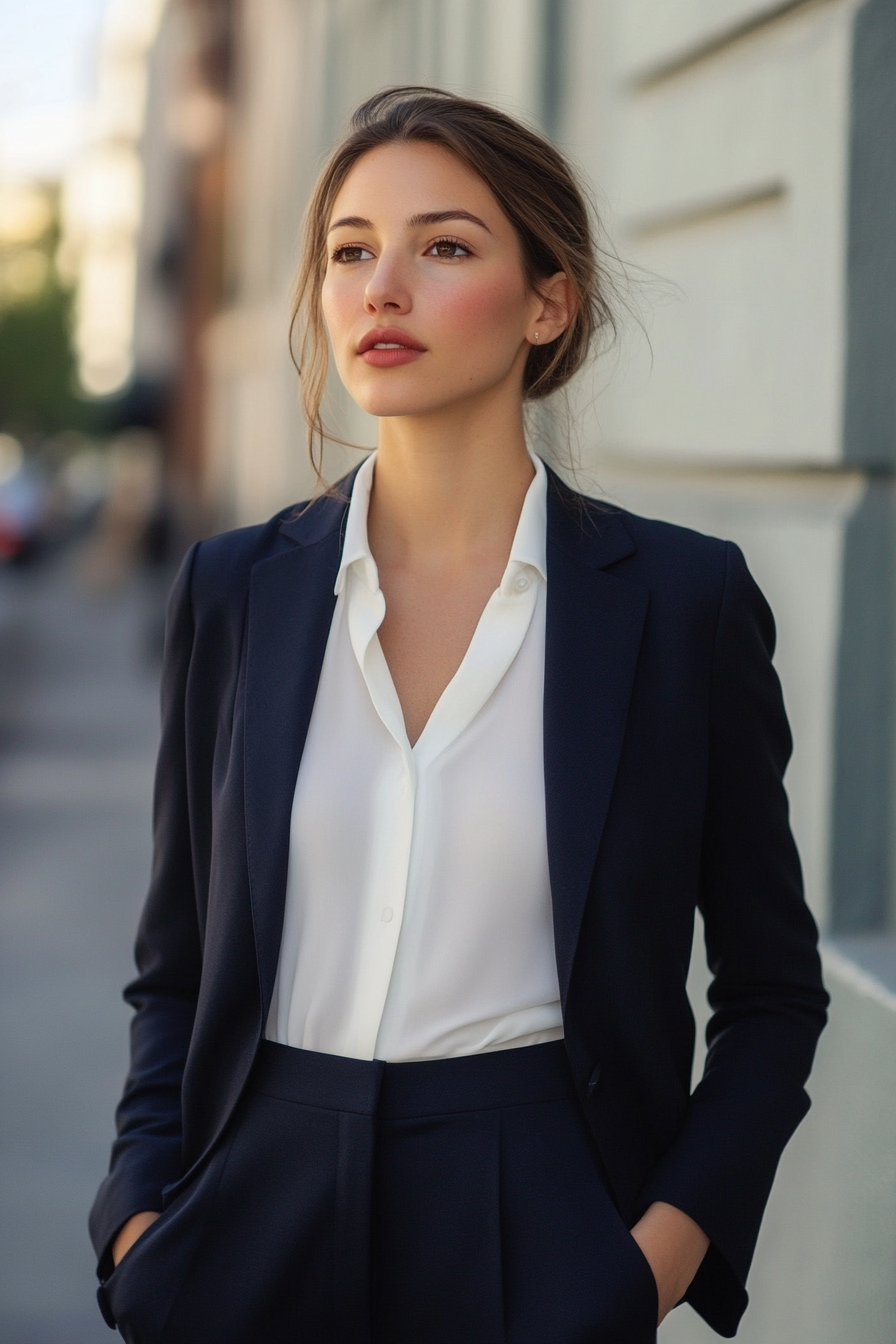 Women's Office Style. Navy blazer with white flowy blouse and tapered trousers.