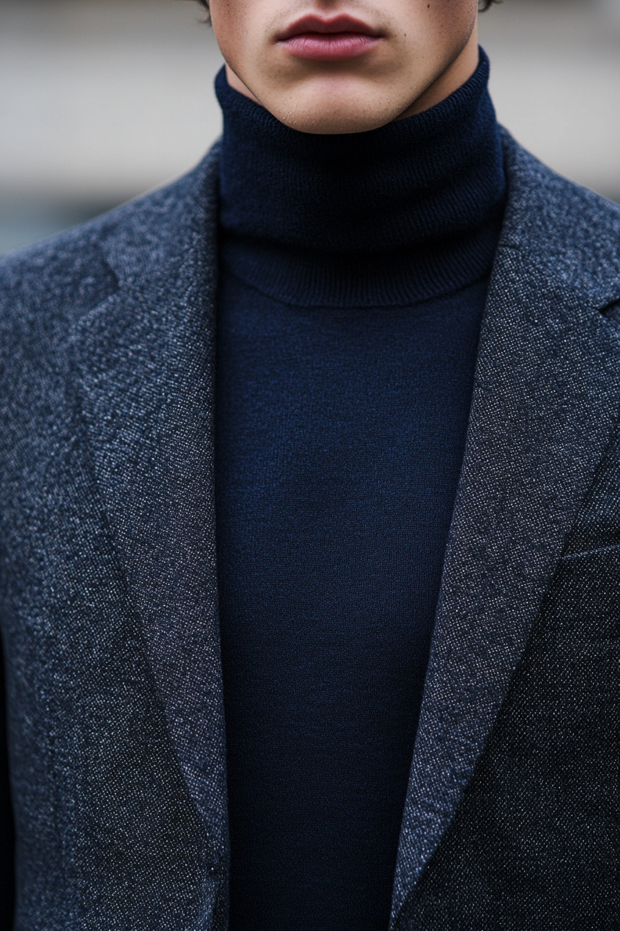 Men's modern style. Charcoal turtleneck paired with navy-blue blazer and disconnected undercut.