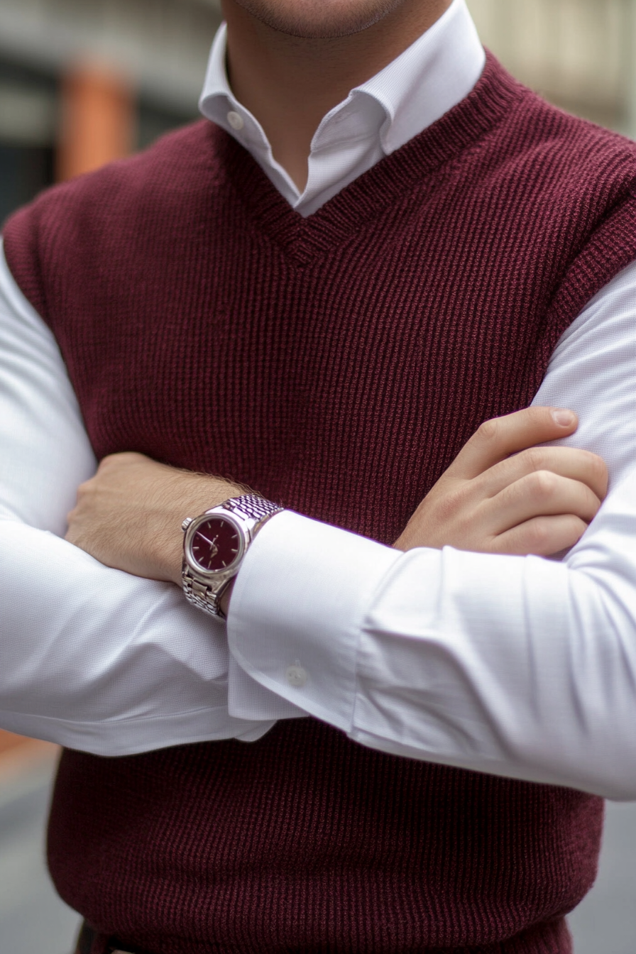 Men's modern style. Cabernet sweater over white Oxford shirt, contrasting detachable pair cufflinks.