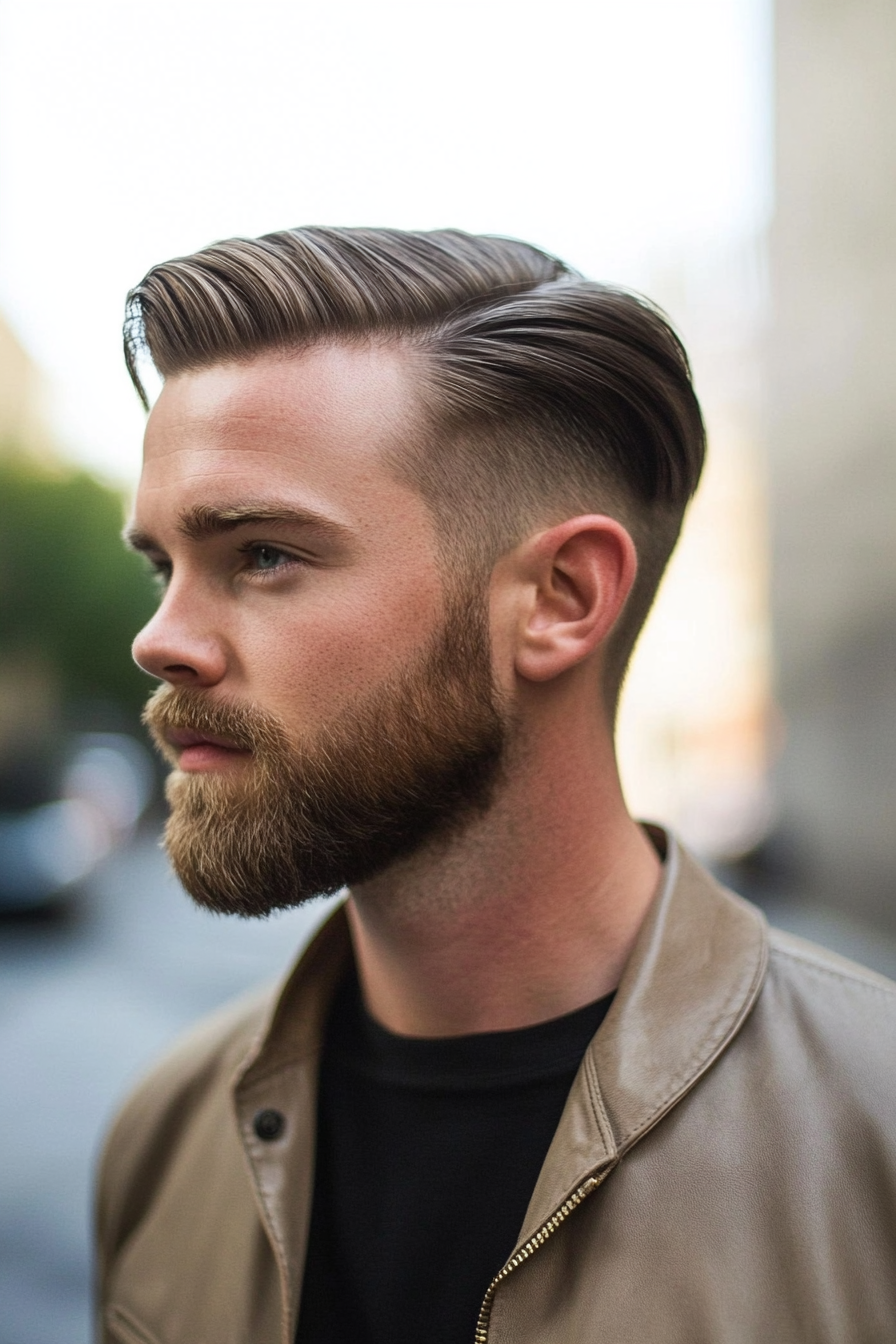 Men's modern style. Layered undercut with slicked back hair.