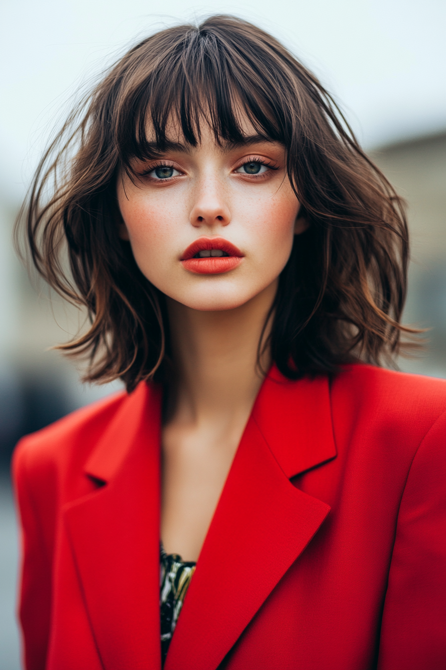 Modern women's style. Red blazer with choppy layered hair and curtain bangs.