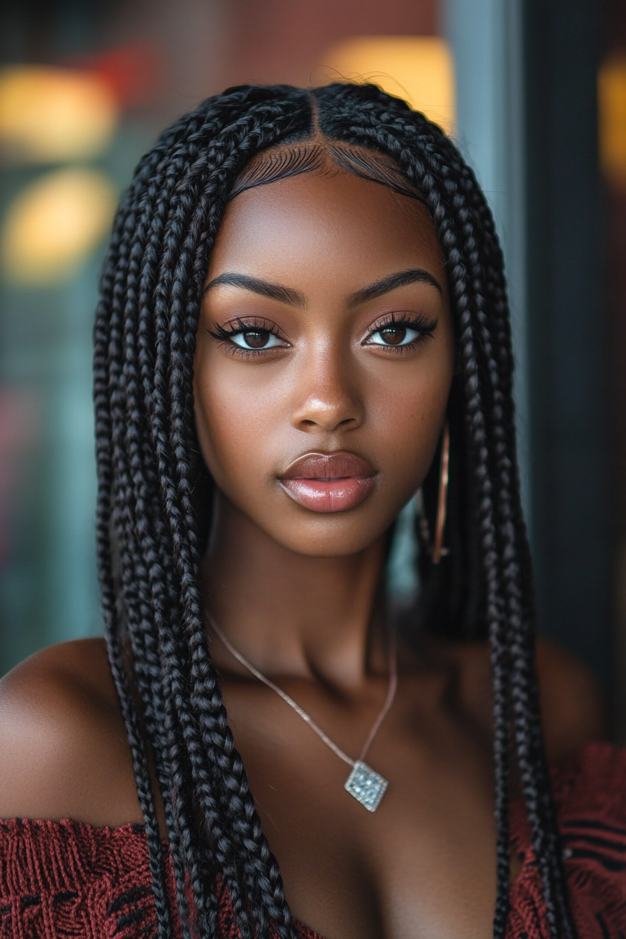 Women's Protective Style. Box braids with diamond parting, regularly moisturized.