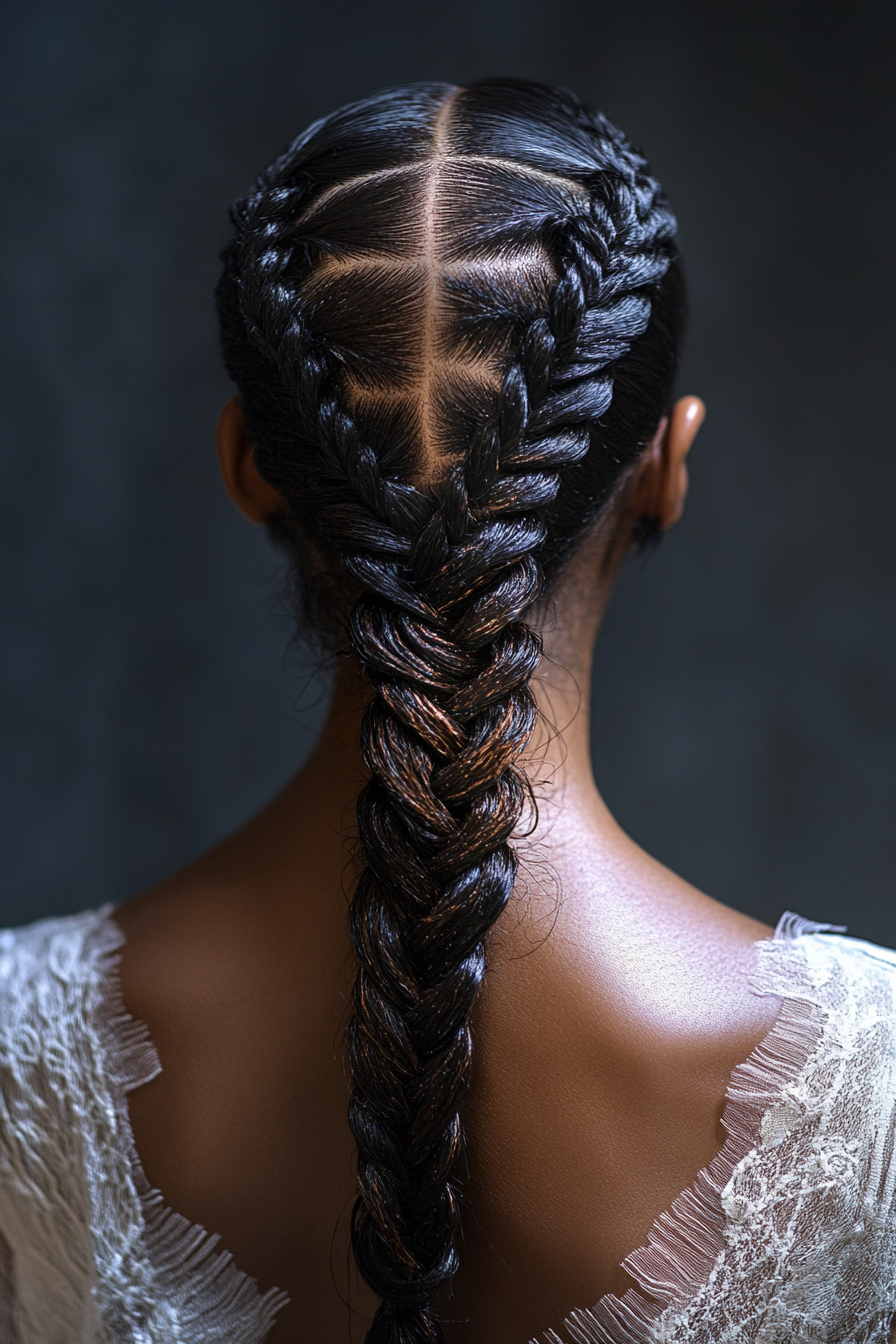 Women's Braided Hairstyle. Intricate Fishtail Braid with scalp nurturing coconut oil application.