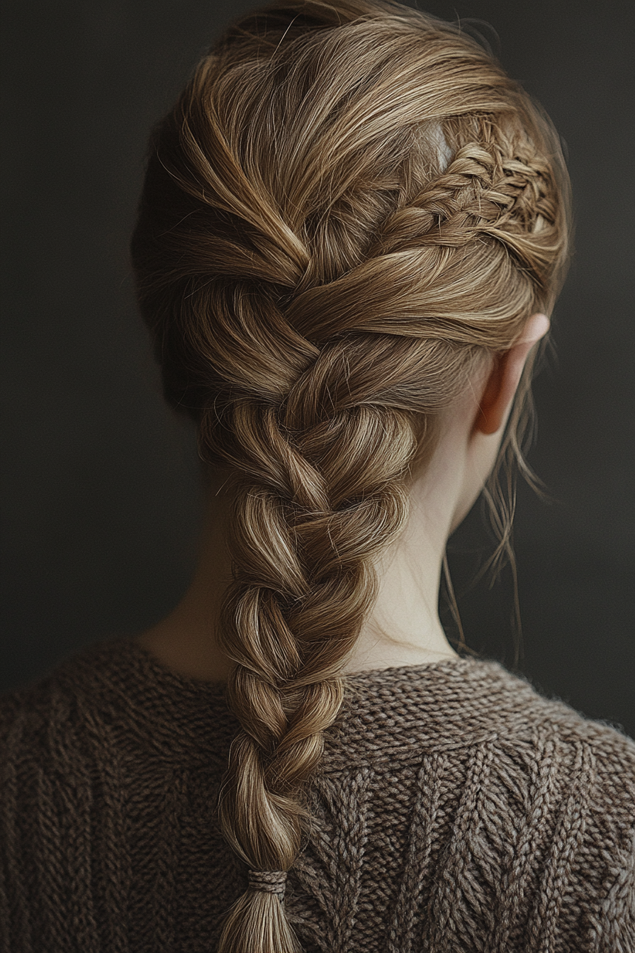 Braided hairstyle. French braid with detailed herringbone patterns, Aloe Vera scalp care.