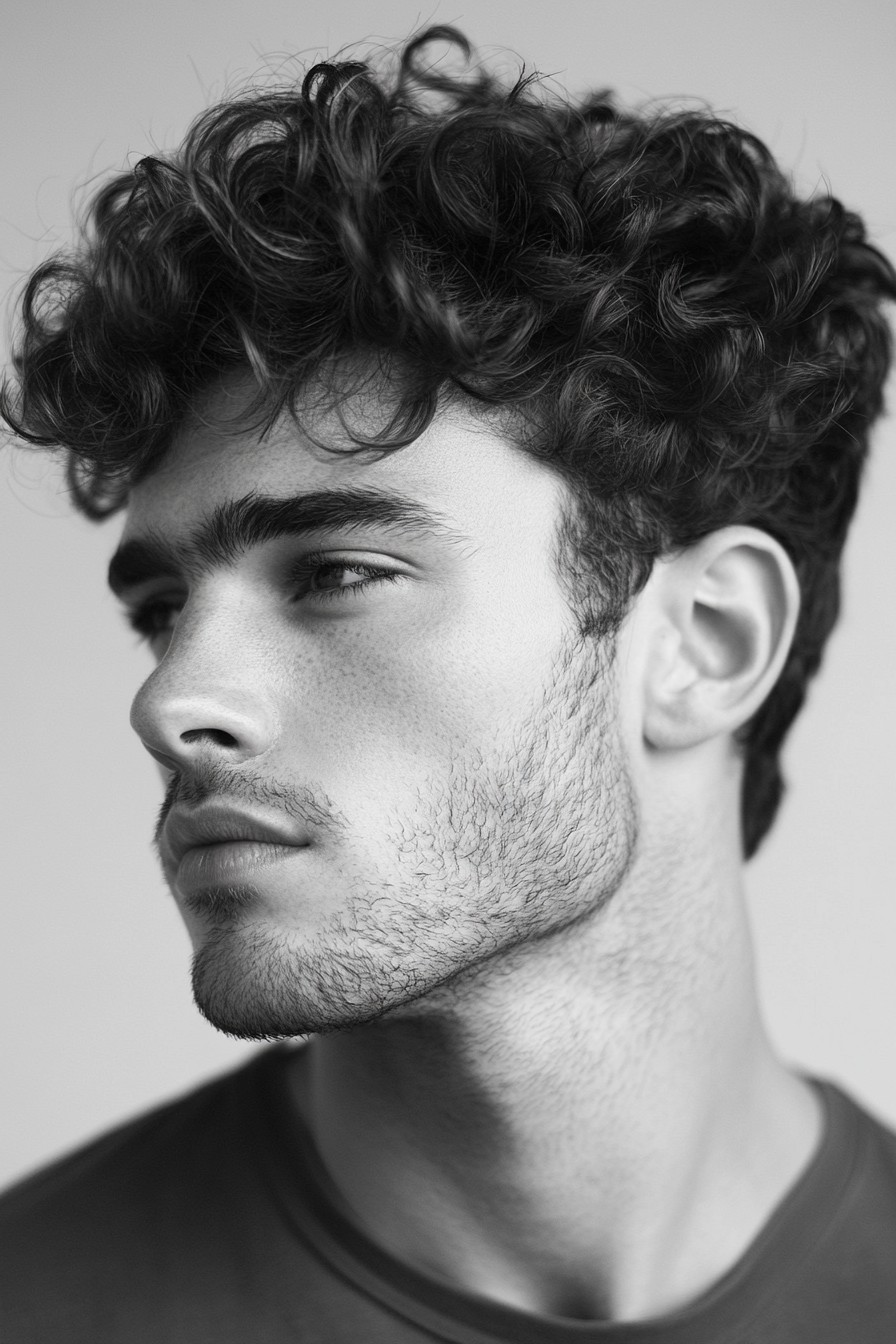 Men's curly style. Short sides, voluminous top using lightweight defining gel.