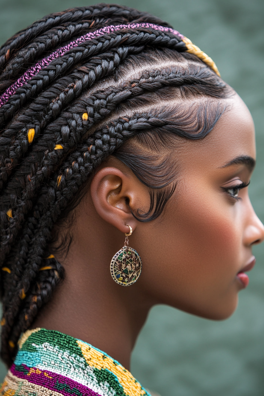 Braided hairstyle. Scalp-care infused cornrows with heritage-inspired patterns.