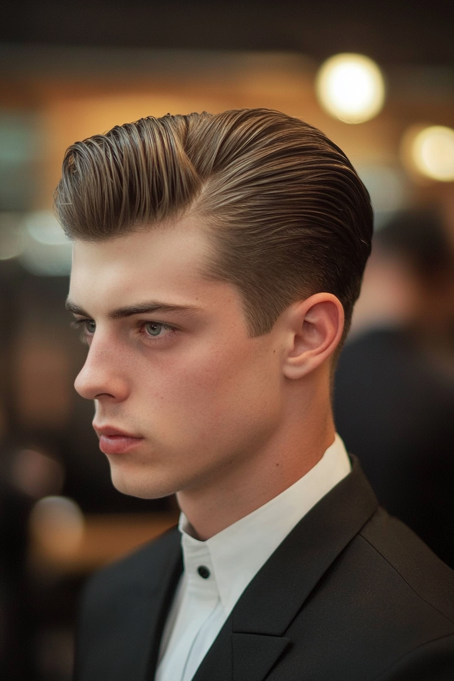 Men's Statement Style. Taper fade haircut with slicked back high pompadour.