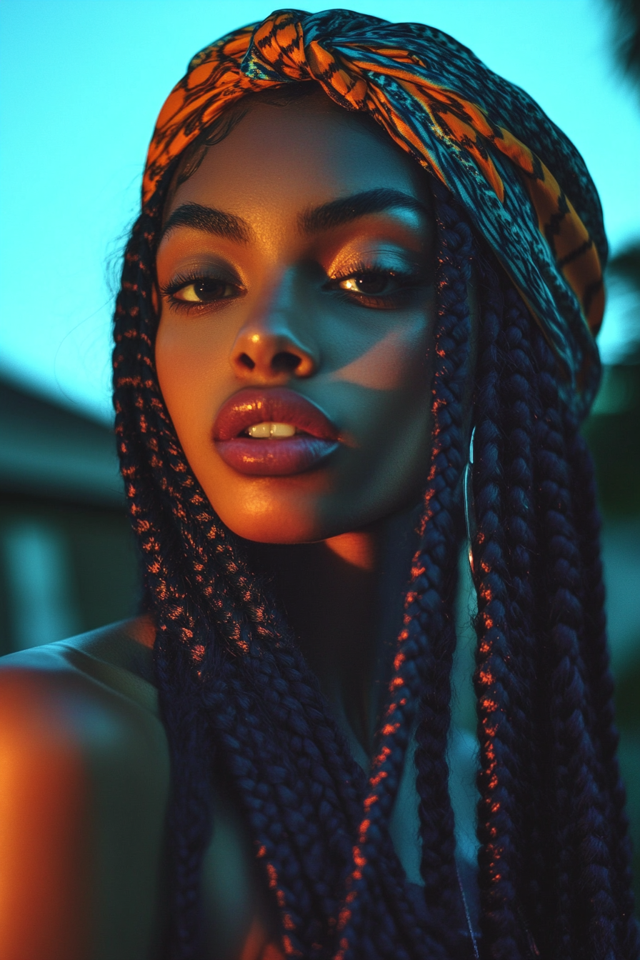 Women's protective style. Box braids with zigzag parting, silken scarf wrapping at night.