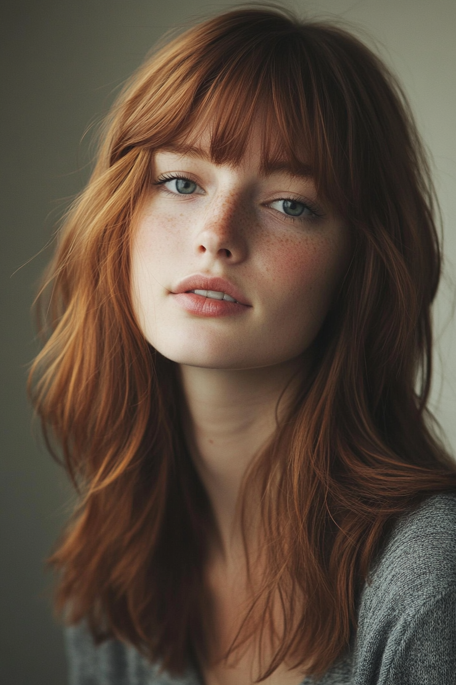 Modern Style. Woman's chestnut hair with choppy layers and curtain bangs.