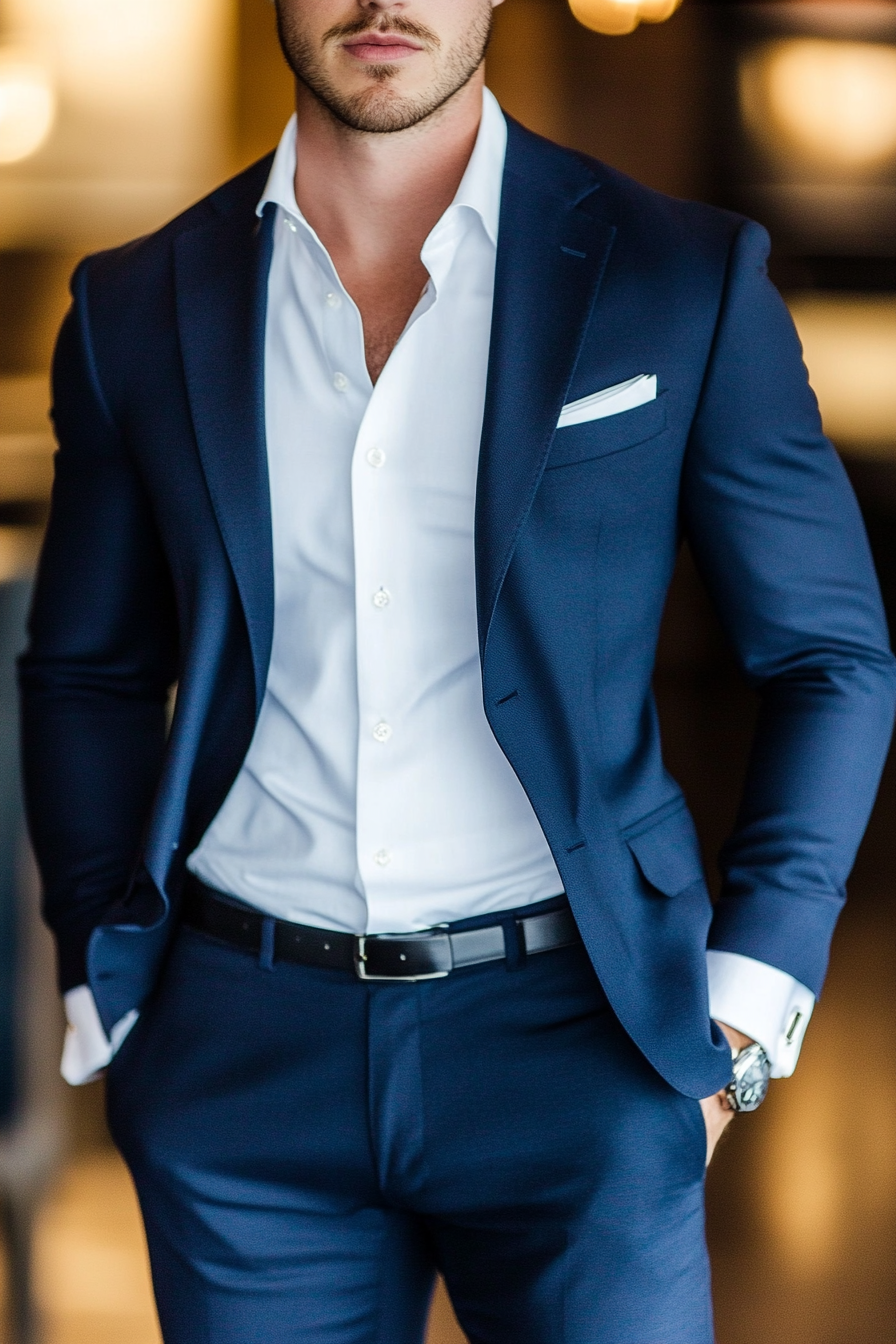 Men's short style. Gradient navy blue dinner jacket with crisp white shirt.