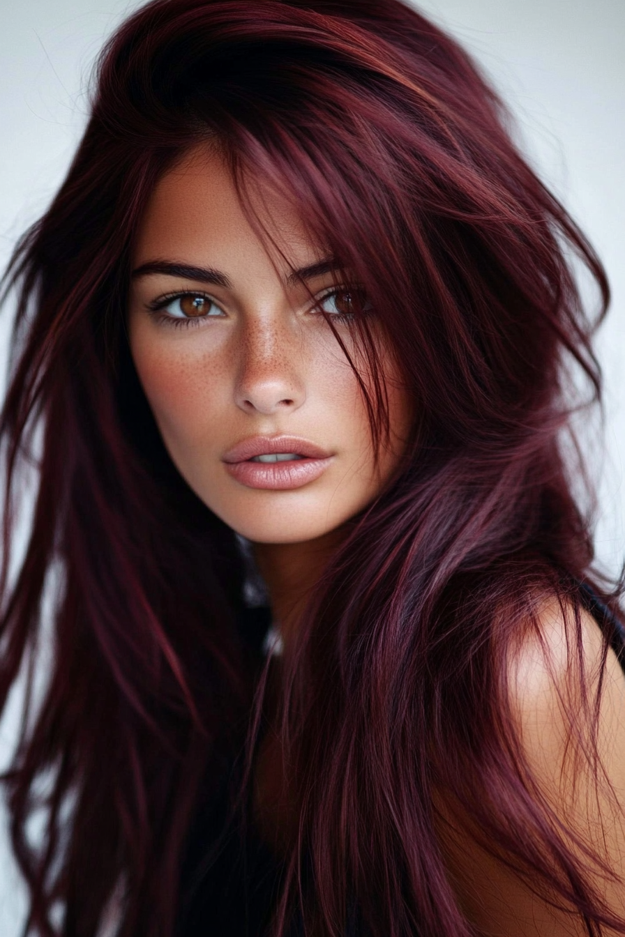 Women's hair color. Burgundy with caramel highlights.