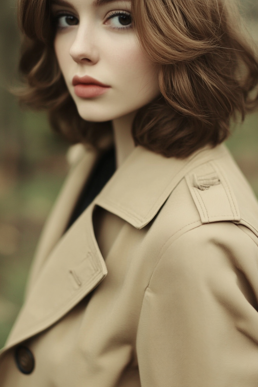 Classic women's style. A beige trench coat with face-framing layers.