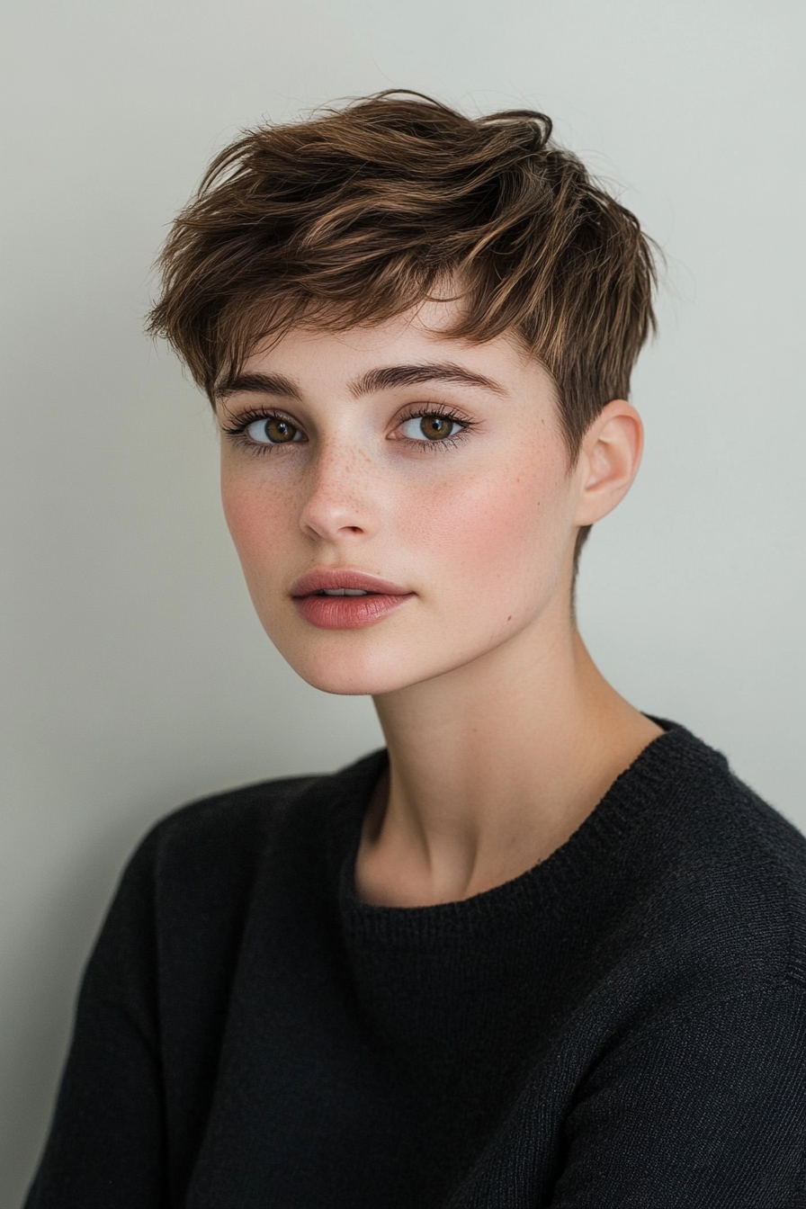 Short hairstyle. Textured crown, tapered sides, medium-brown color.