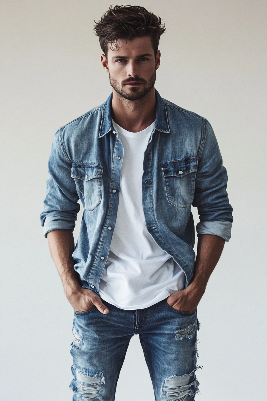 Men's modern style. Chambray shirt layered over white tee, tapered jeans with disconnected sides.