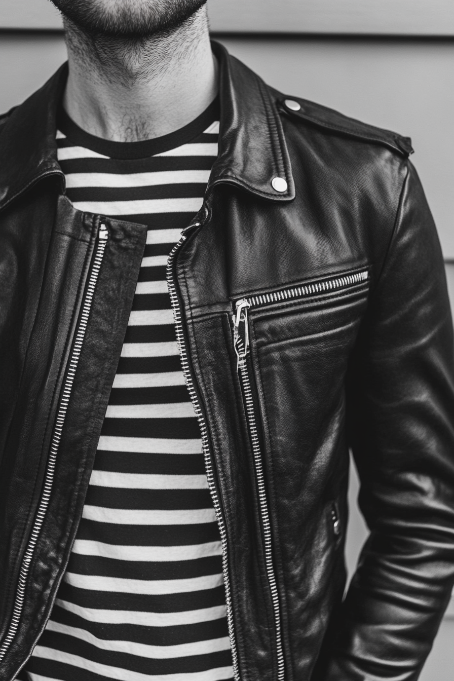 Men's edgy style. Leather jacket with a black and white striped shirt