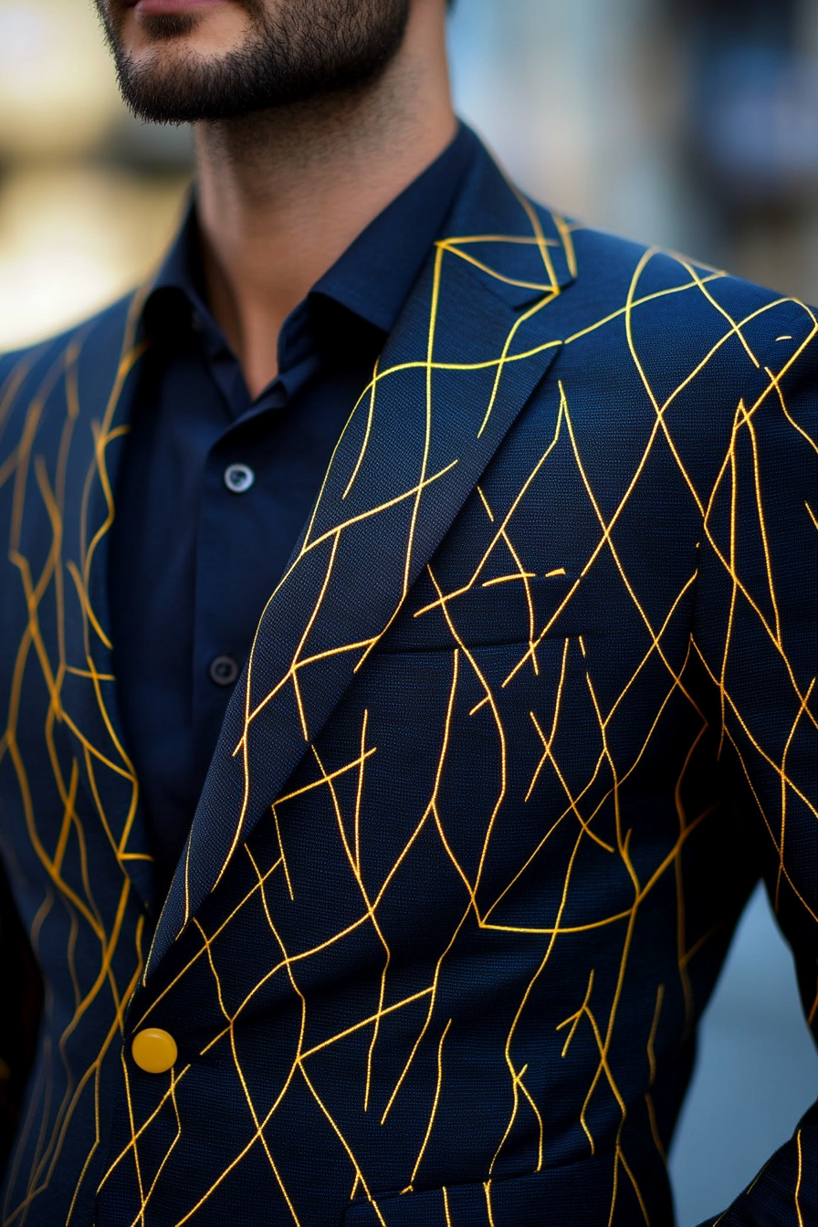 Men's creative style. Navy blazer with yellow geometric line pattern.