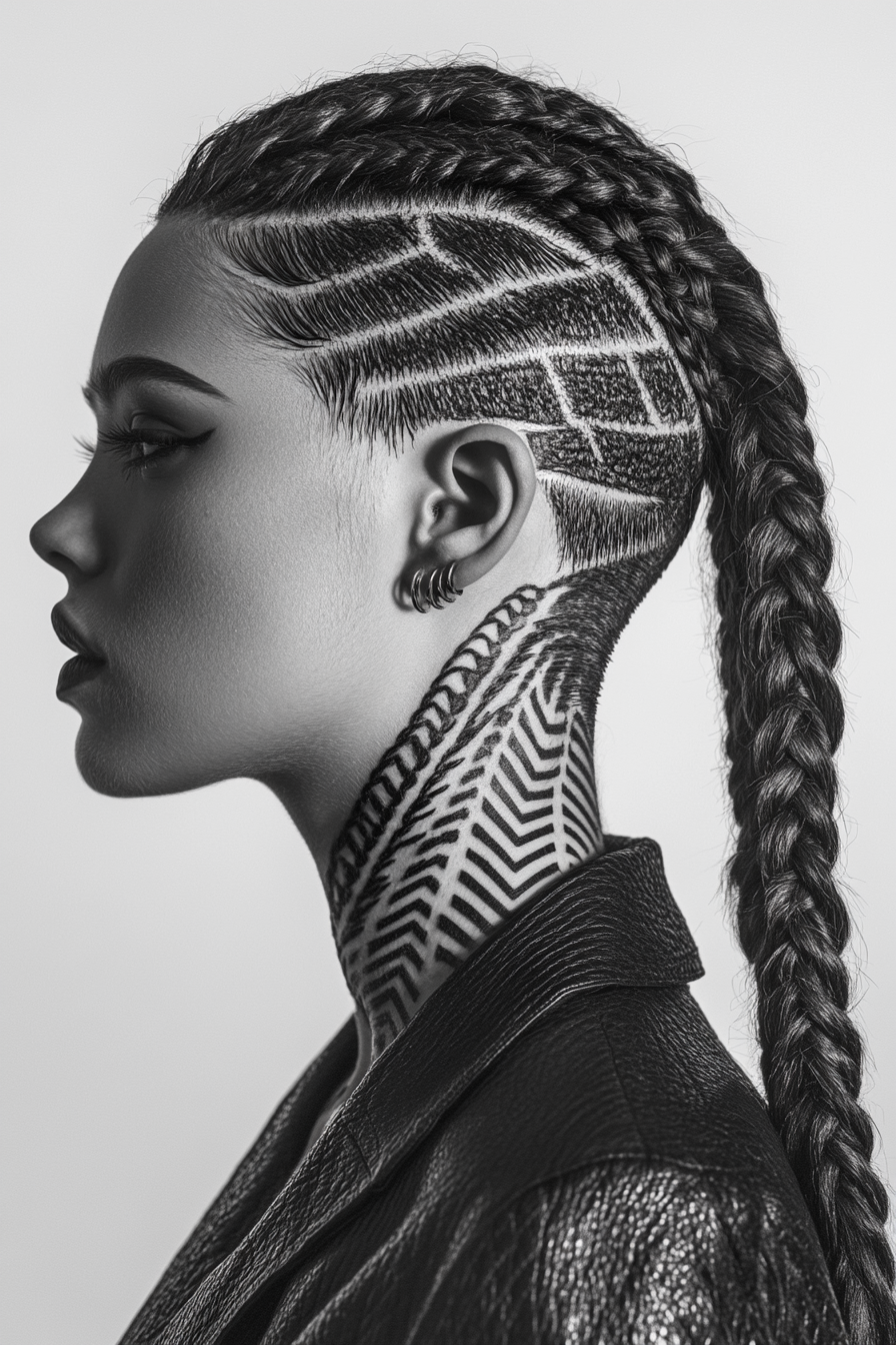 Braided style. Women's undercut braids accented with geometric scalp care patterns.