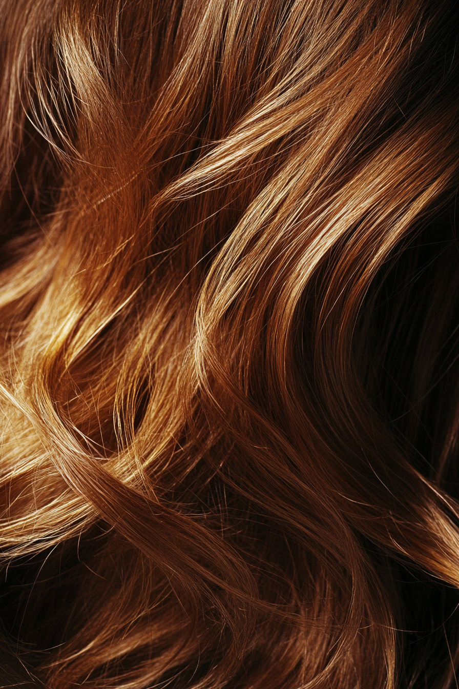 Women's hair color. Chestnut brown with golden highlights.