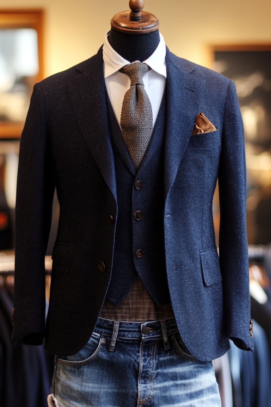 Men's classic style. Navy blazer, white shirt, textured tie, faded selvedge jeans.