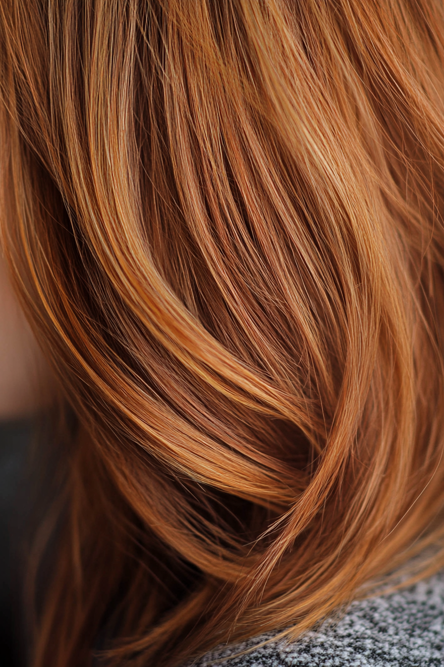 Women's hair color. Auburn with honey highlights.