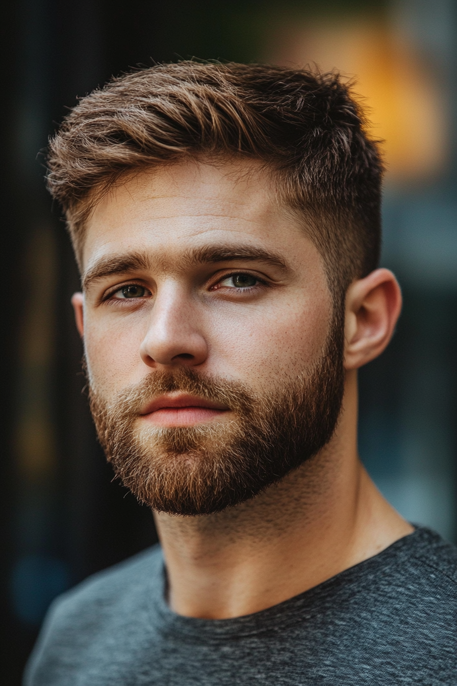 Men's Contemporary Style. Textured crew cut paired with tapered sides.