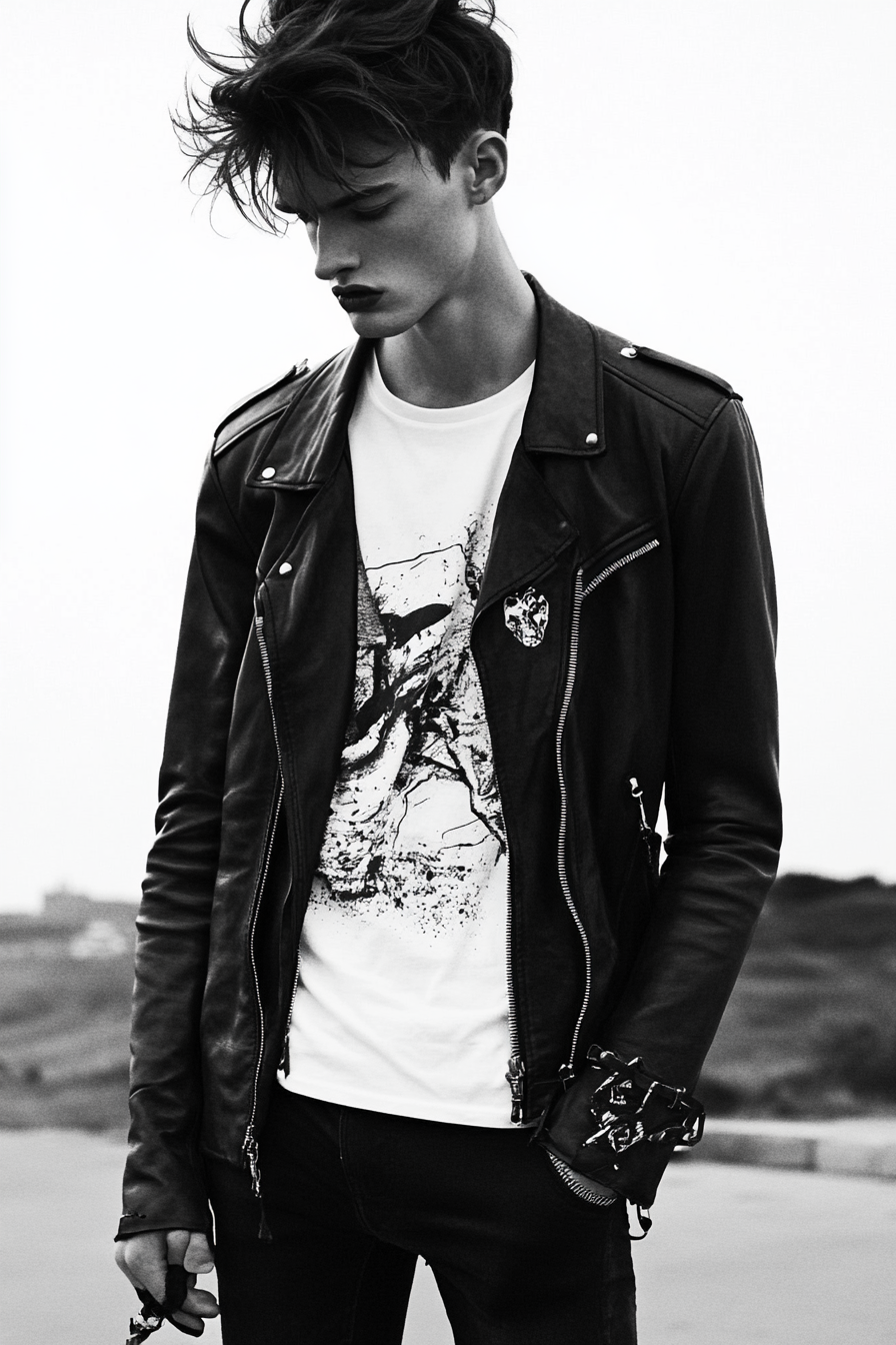 Edgy men's style. Black leather jacket with white graphic tee.