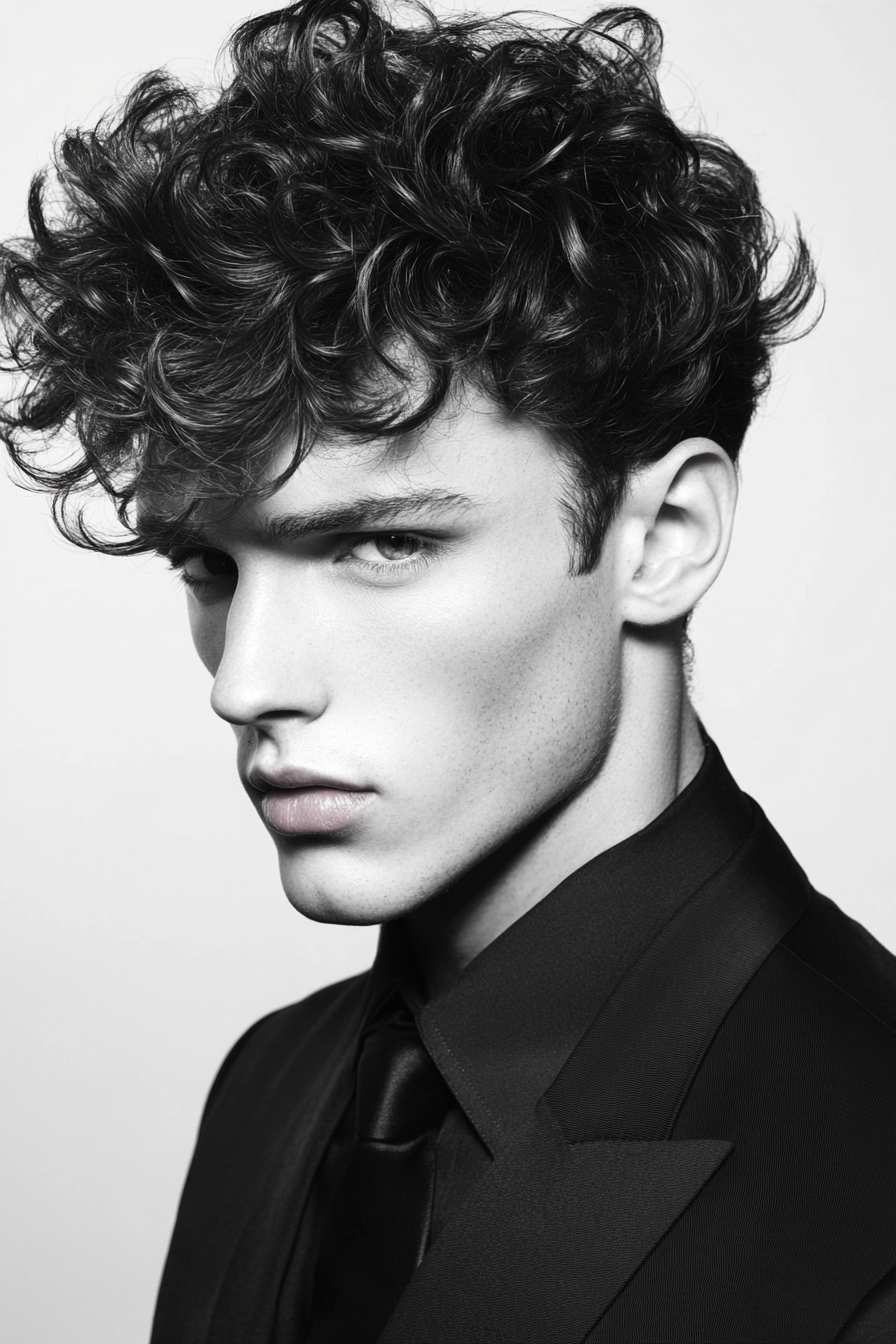 Curly hairstyle for men. Using styling cream for defined waves.