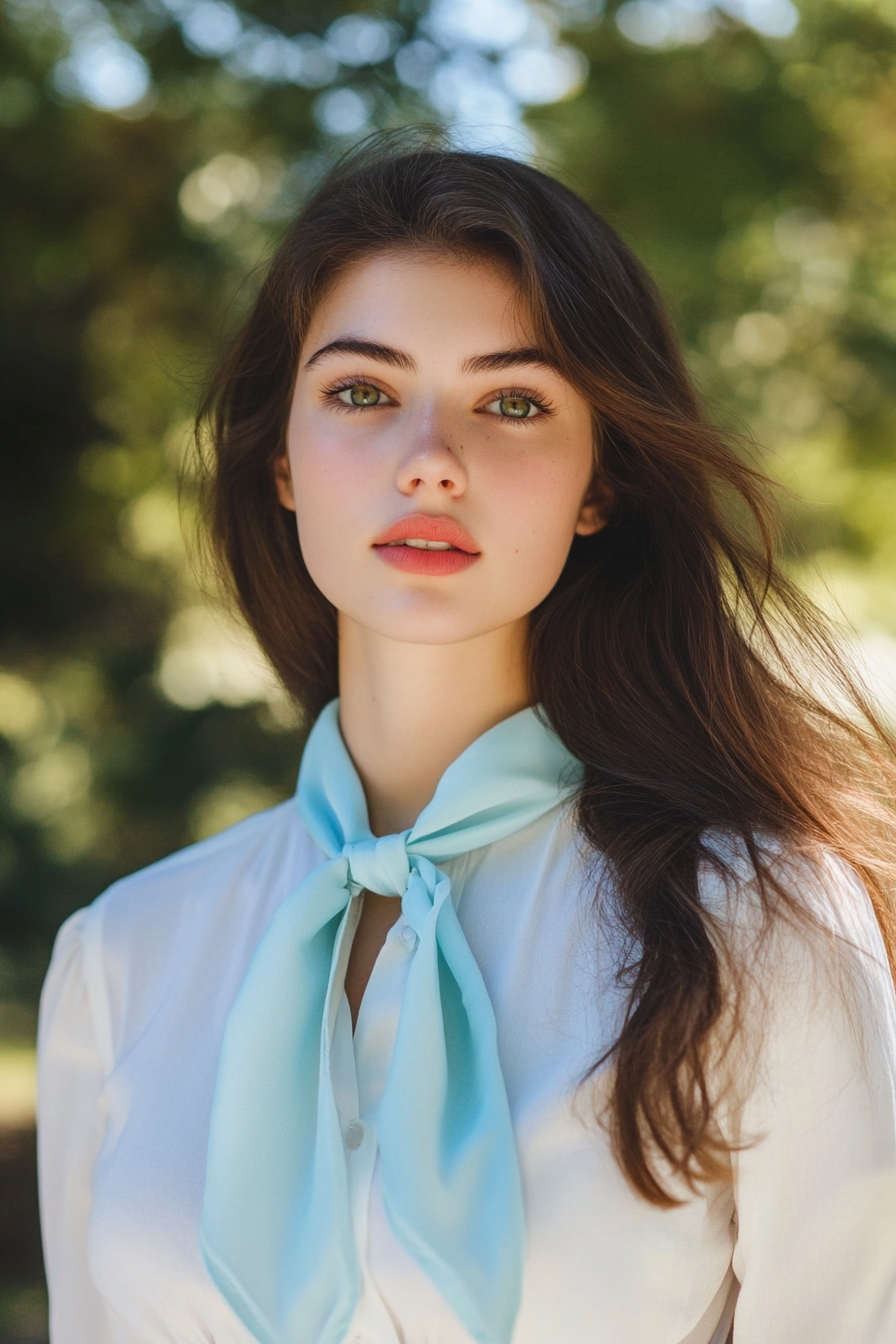 Classic style women's outfit. Soft white blouse with face-framing baby blue neck scarf.