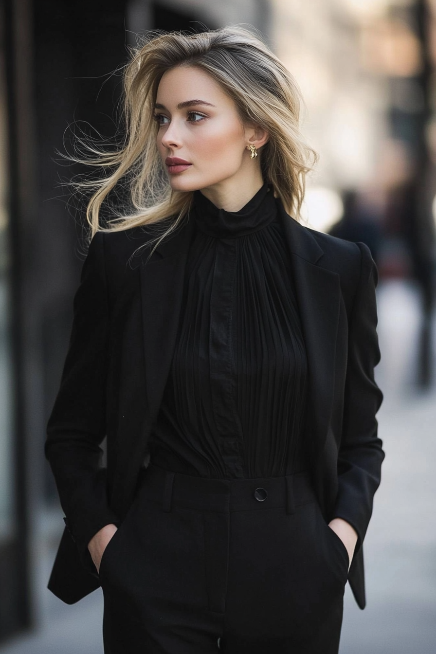 Women's office style. Black tailored trouser suit with a neat blouse.