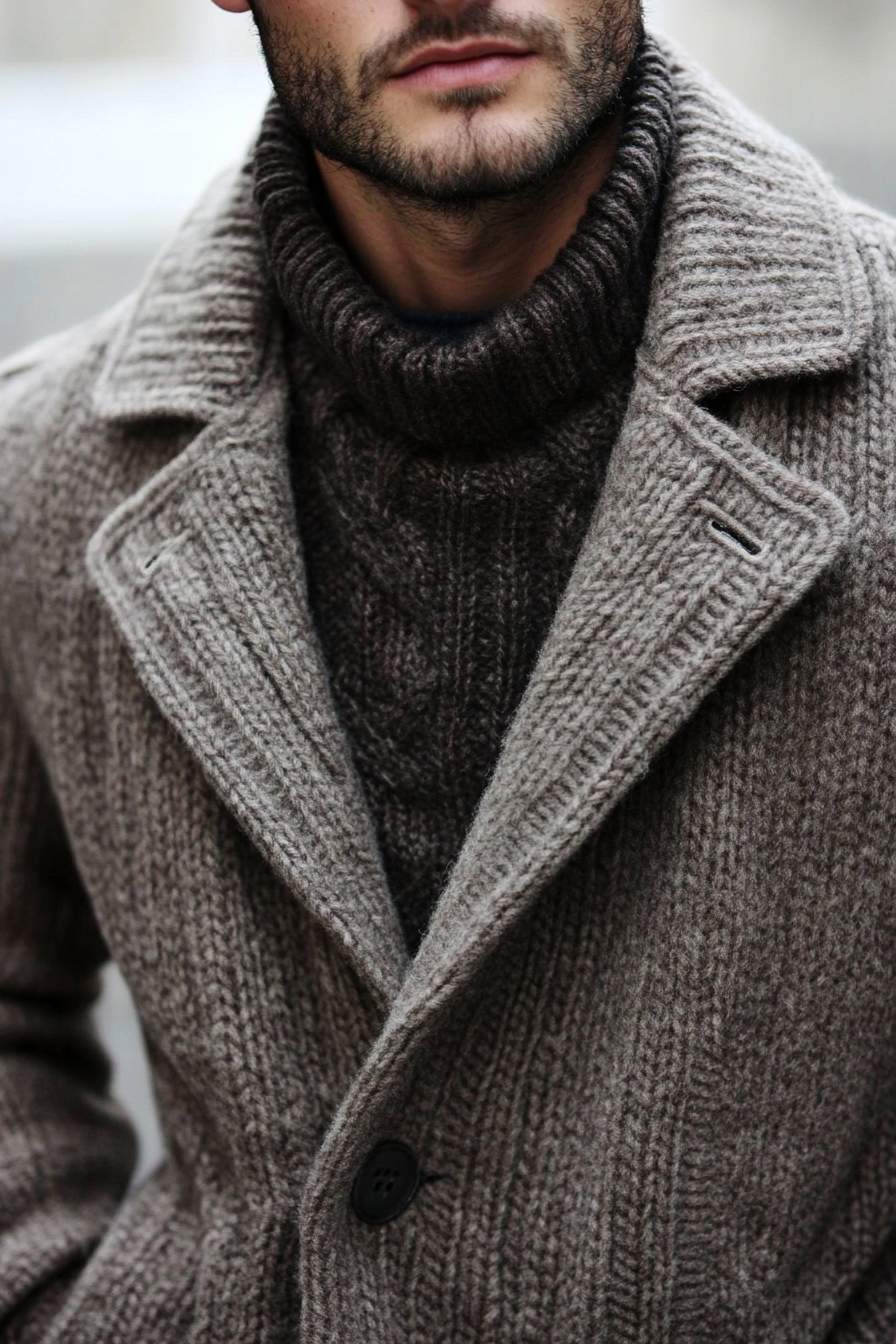 Men's style. Textured wool sweater with blended wool coat.