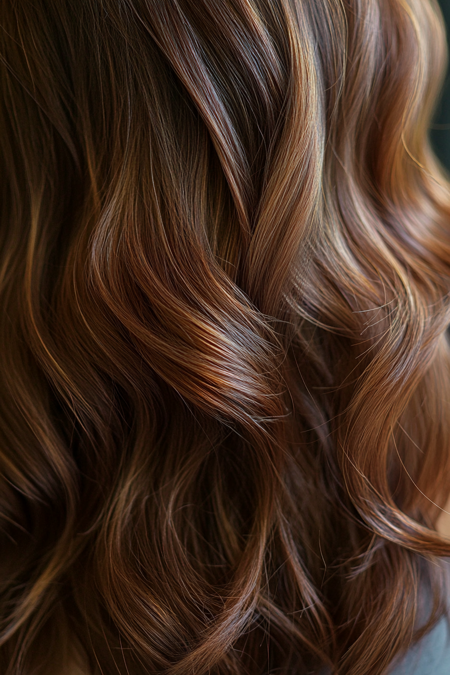 Women's Hair Color. Chestnut brown with caramel highlights.