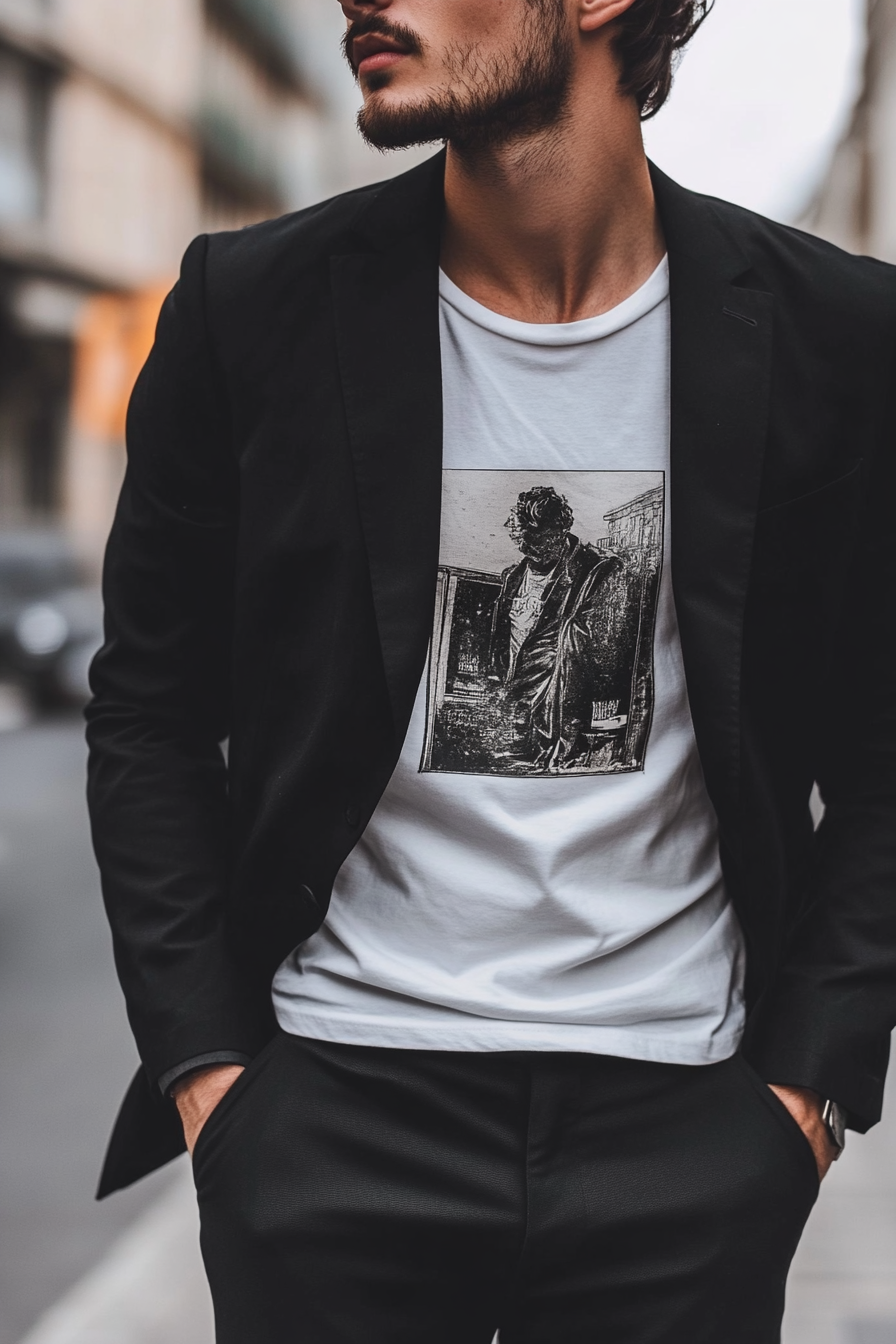 Men's edgy style. Black tailored blazer with a sharp white graphic t-shirt.