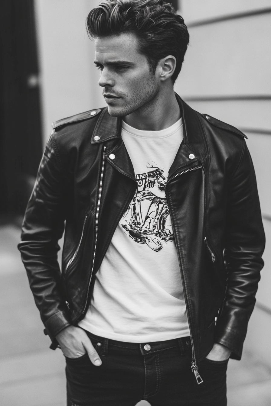 Edgy men's style. Black leather jacket with white graphic tee.