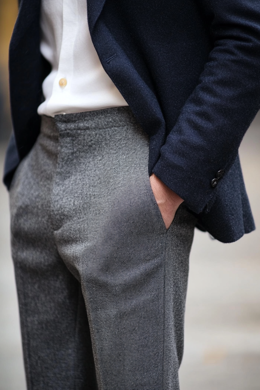 Men's classic style. Navy blazer with gradient grey wool trousers.