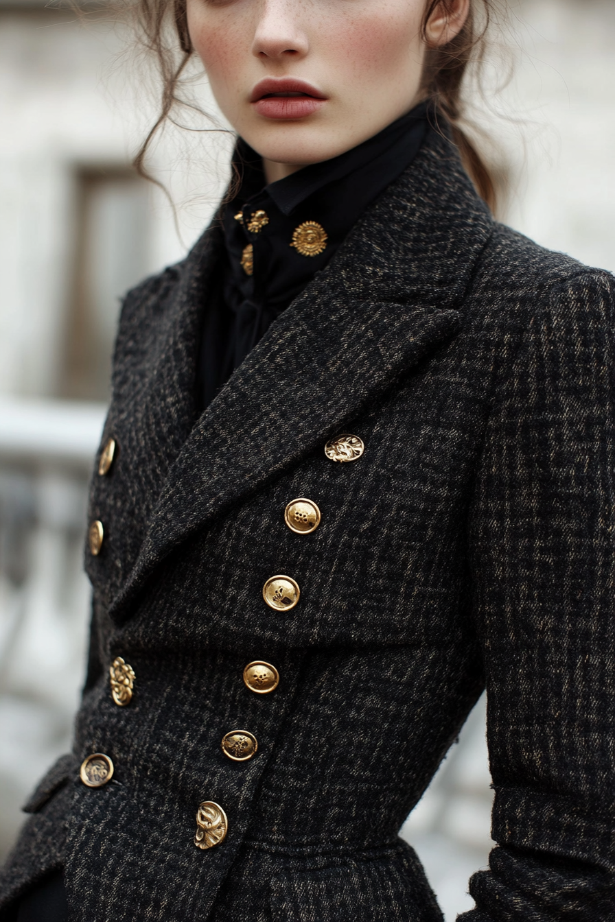 Classic female style. Black tweed jacket with face-framing layers, and gold button detailing.