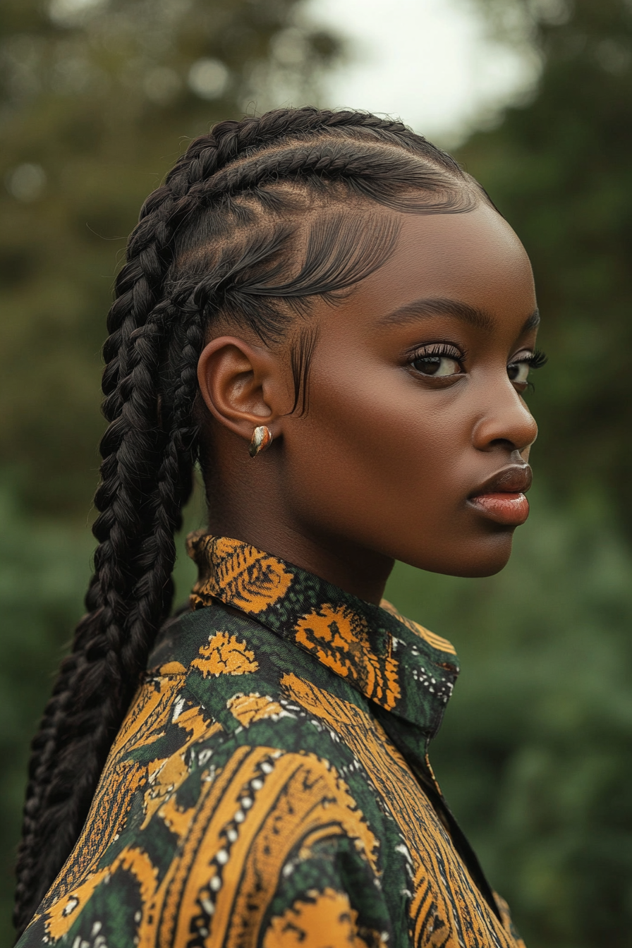 Braided hairstyle. Dutch braids with patterned cornrows, health-focused scalp oil.