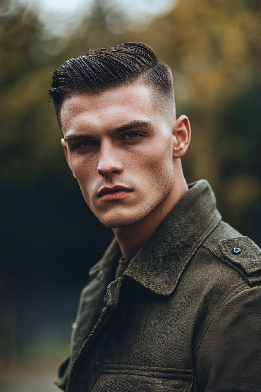 Men's statement style. Tall military fade haircut with slicked back hair.