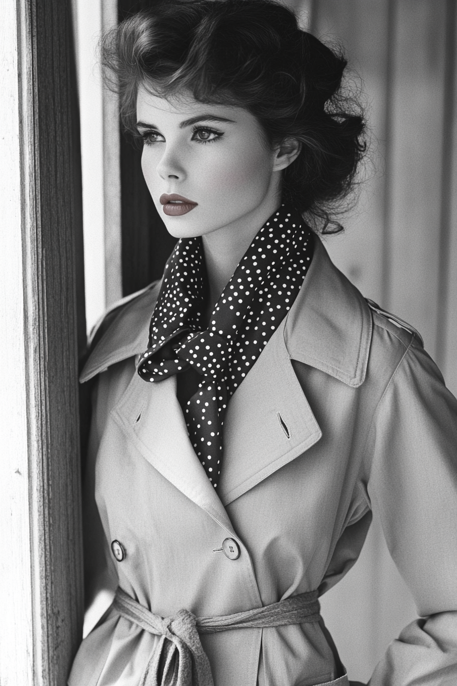 Classic women's style. Tailored trench coat worn over a polka-dot silk scarf.