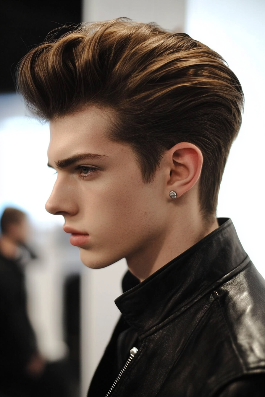 Men's edigy style. High-standing Pompadour with shaved sides.