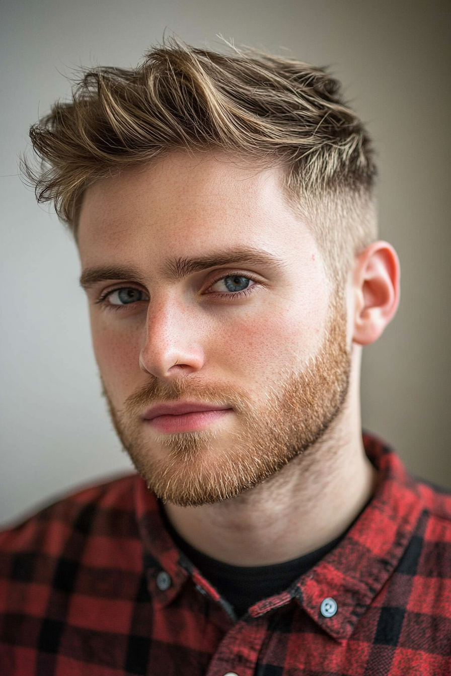 Men's contemporary style. Textured topped haircut with blended sides.