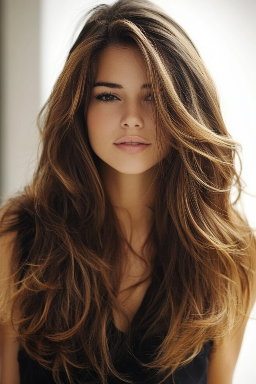 Natural style women's haircut. Long layers with blended caramel highlights.