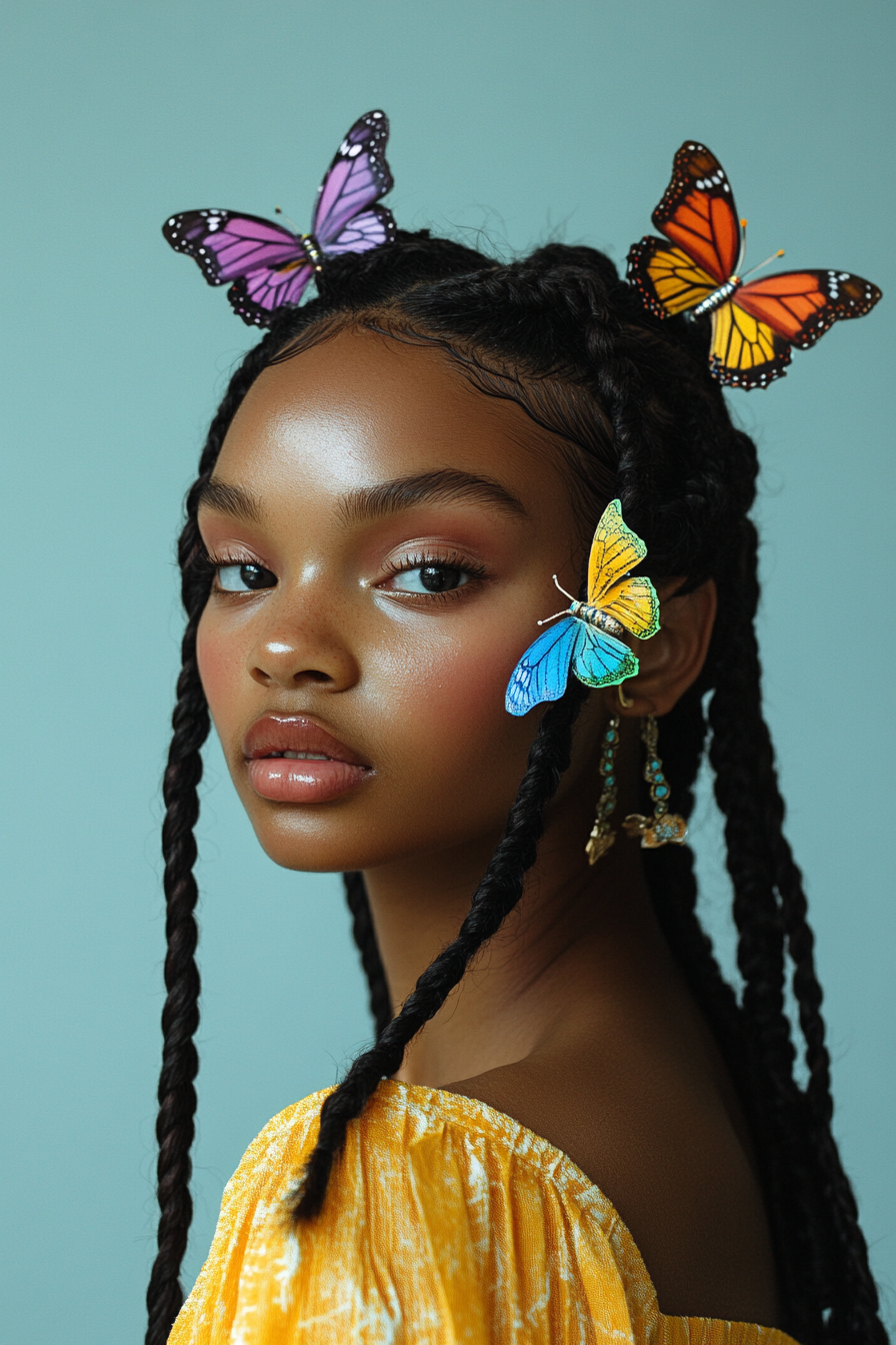 Retro women's style. Baby braids with multi-coloured butterfly clips.