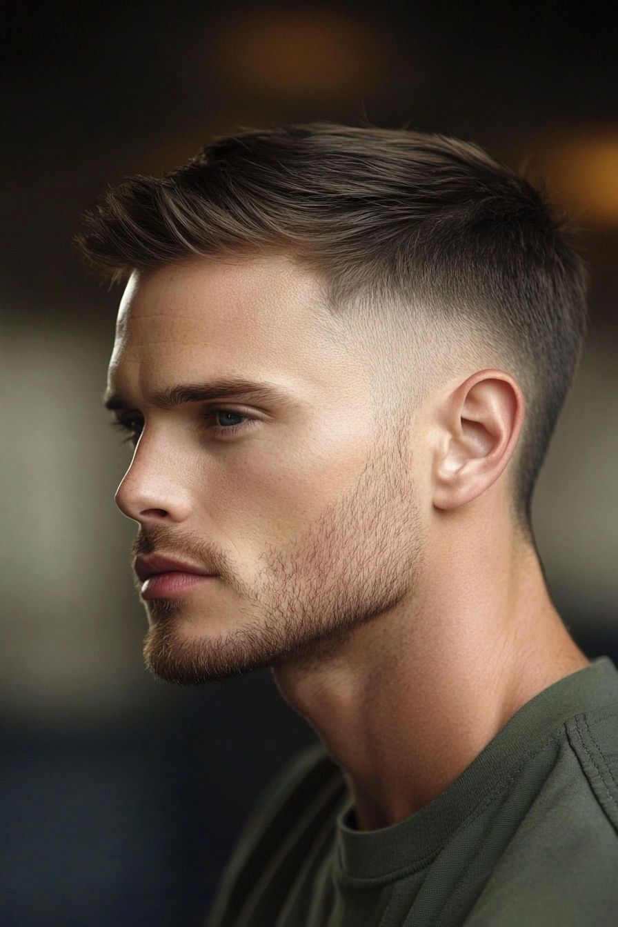 Men's Short Style. Crew cut with gradient fade and sharp hairline.