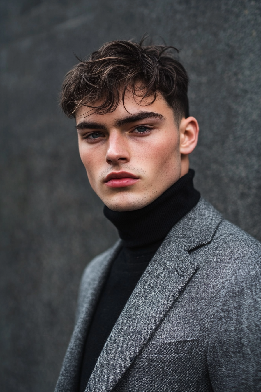 Men's modern style. Black turtleneck under a grey wool blazer, disconnected tapered fade haircut.