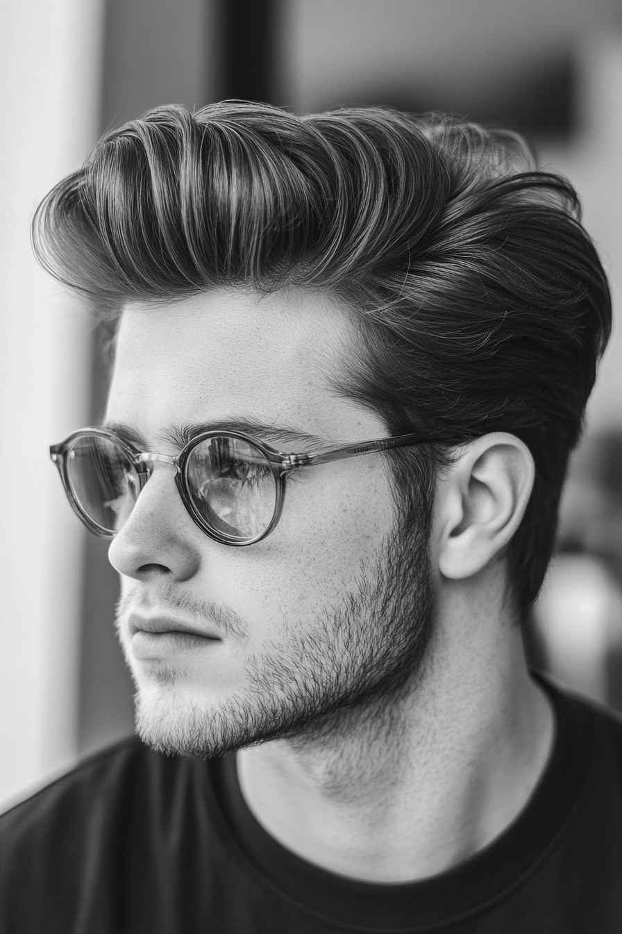 Men's Volume Style. Quiff with high shine hair pomade.