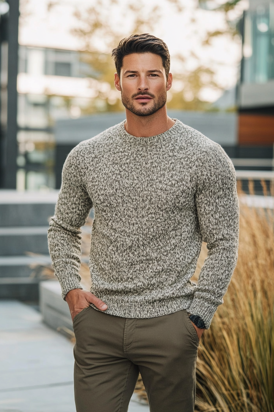 Men's seasonal style. Textured crew neck sweater with flat-front chinos.