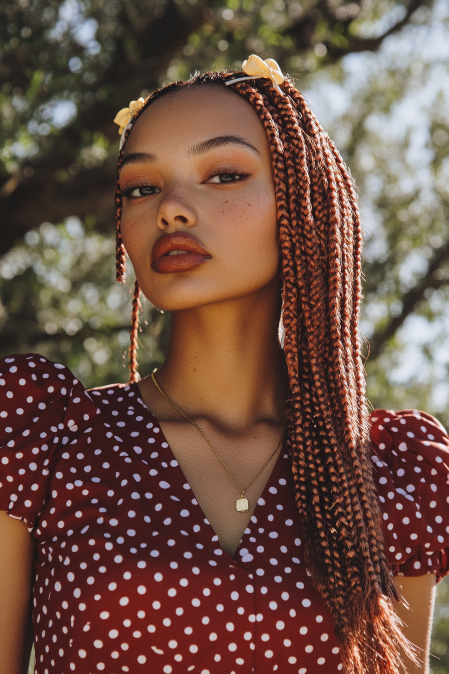 Women's retro style. Maroon polka dot dress with baby braids and light yellow hair clips.