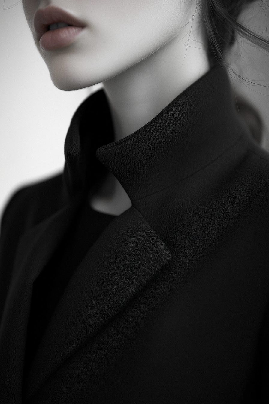 Women's classic style. Black tailored blazer with face-framing collar layers.